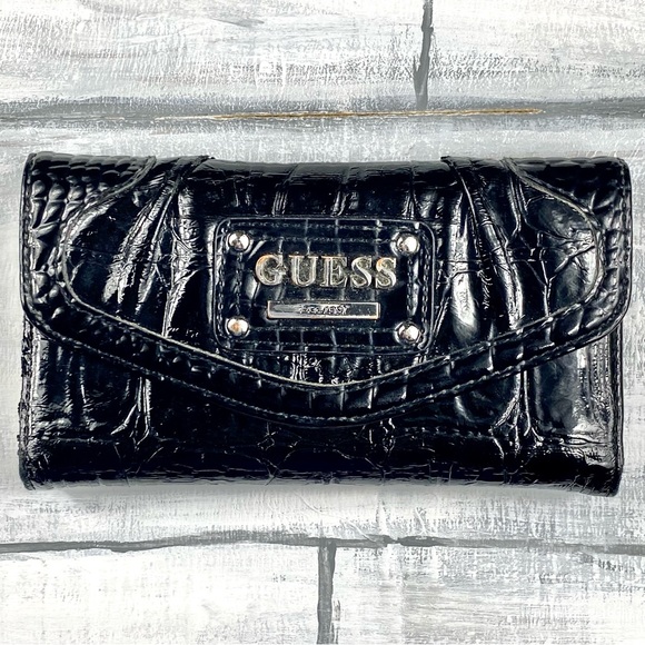 Guess Black Faux Leather Croc Embossed Long Wallet Card Holder Billfold Clutch - Picture 15 of 16